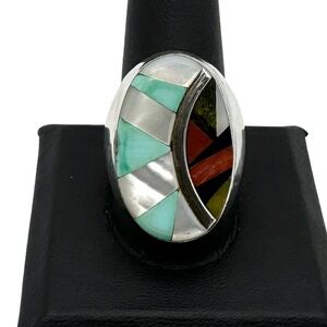 Vintage Zuni Signed Sterling Silver Turquoise Multi Stone Inlay Mens Ring 11